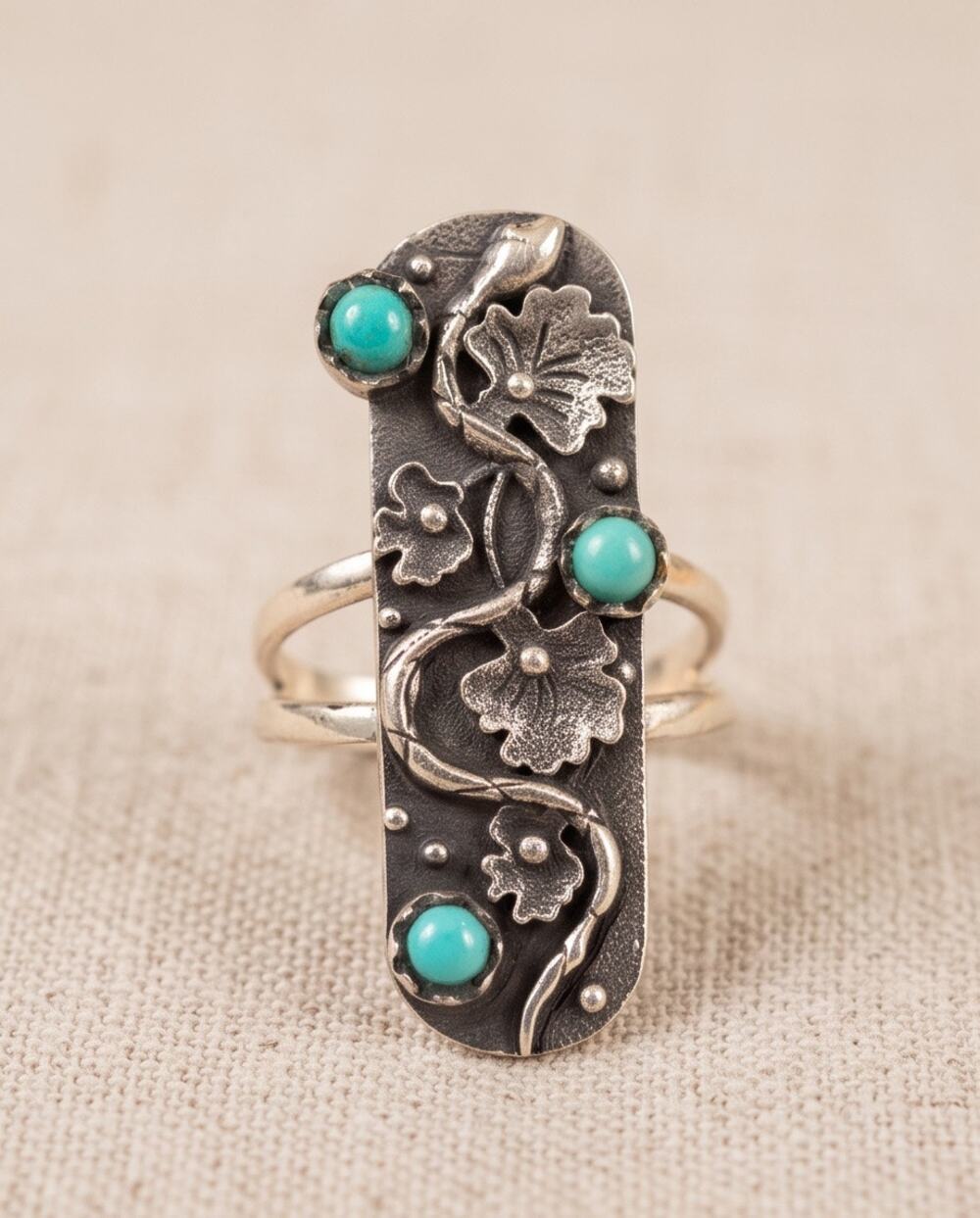 Arizona Turquoise, snake and flowers sterling silver ring size 8